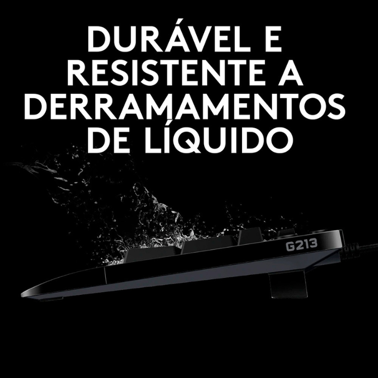 Black Logitech G213 gaming keyboard with water splashing on it.