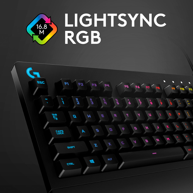 Black Logitech G213 Prodigy gaming keyboard with colorful RGB backlighting.