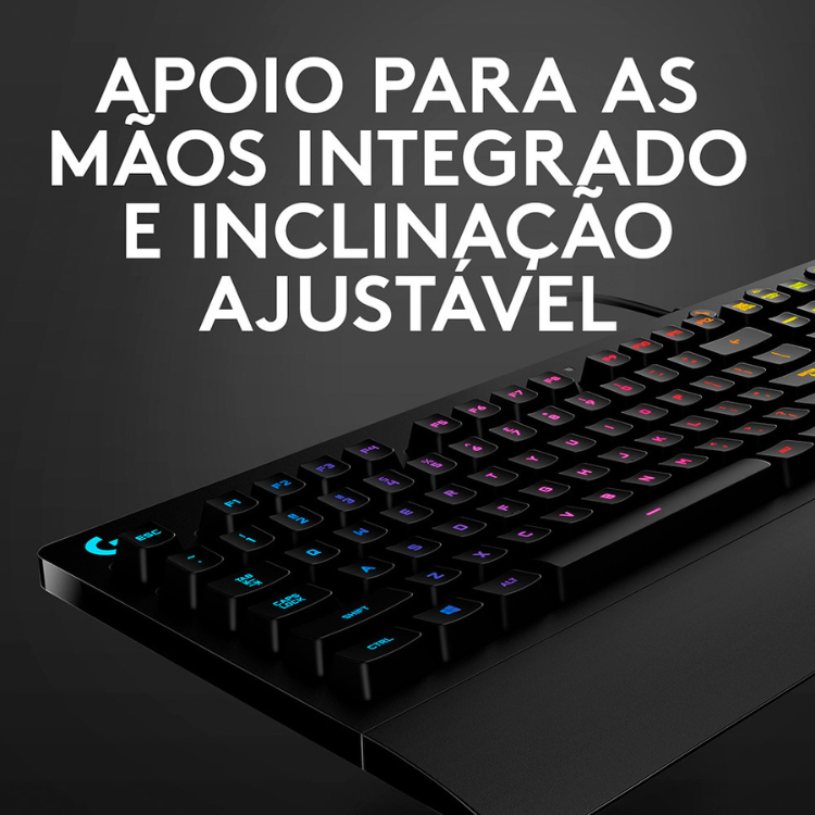 Black Logitech gaming keyboard with RGB lighting and adjustable tilt.