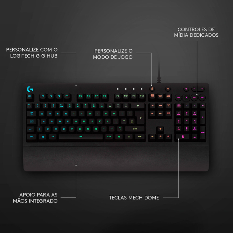 Logitech G213 Prodigy gaming keyboard, black, RGB lighting, media controls.