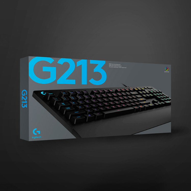 Logitech G213 Prodigy gaming keyboard, black, RGB lighting, product box.