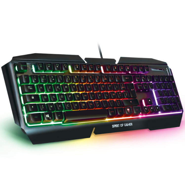 Black semi-mechanical gaming keyboard with rainbow backlight, Spirit of Gamer logo.