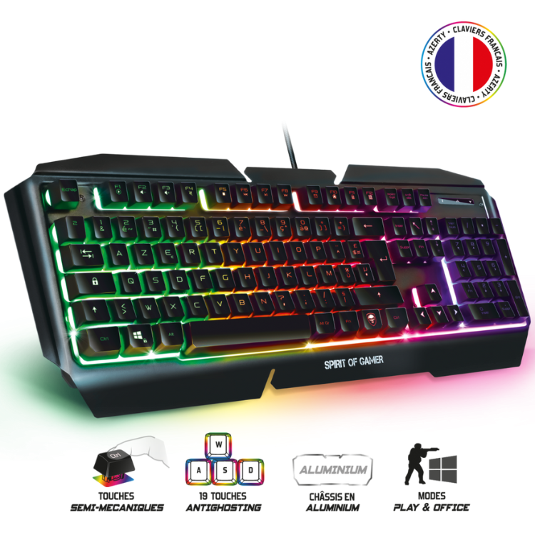 Black semi-mechanical gaming keyboard with rainbow backlight, Spirit of Gamer logo.