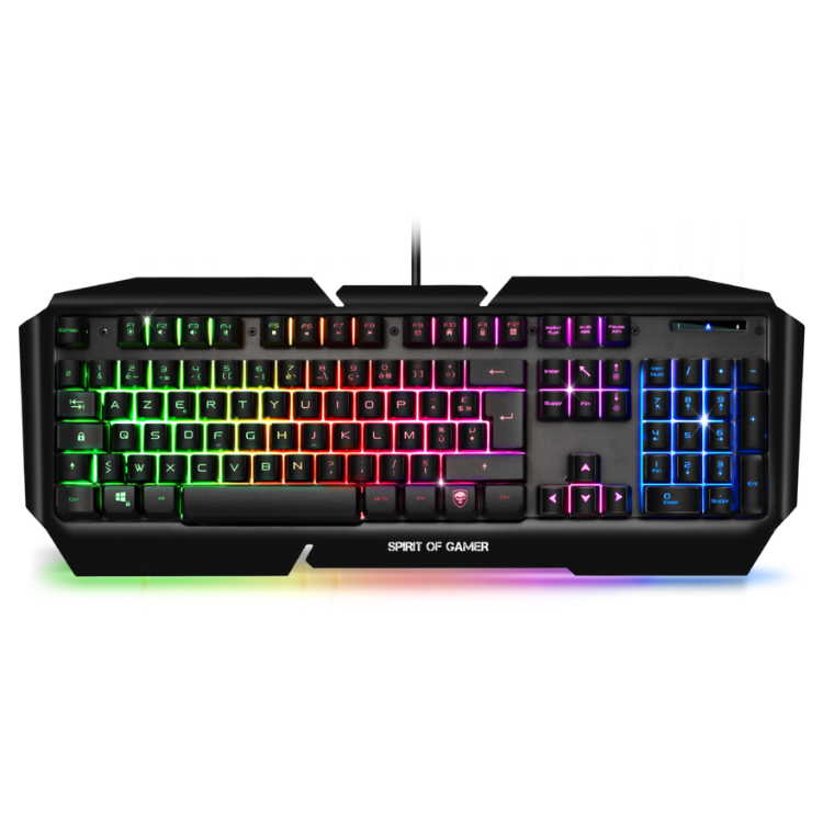 Black semi-mechanical gaming keyboard with rainbow backlight, Spirit of Gamer logo.