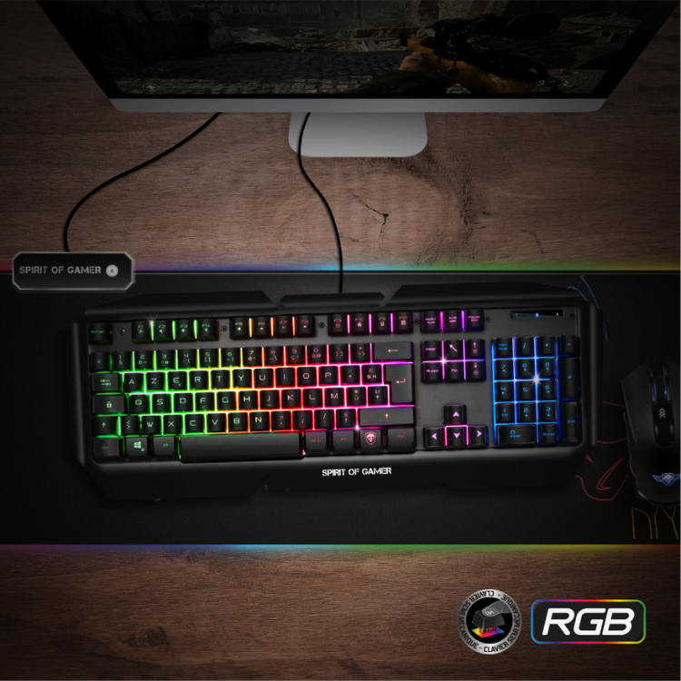 Black Spirit of Gamer semi-mechanical keyboard with RGB rainbow backlight.