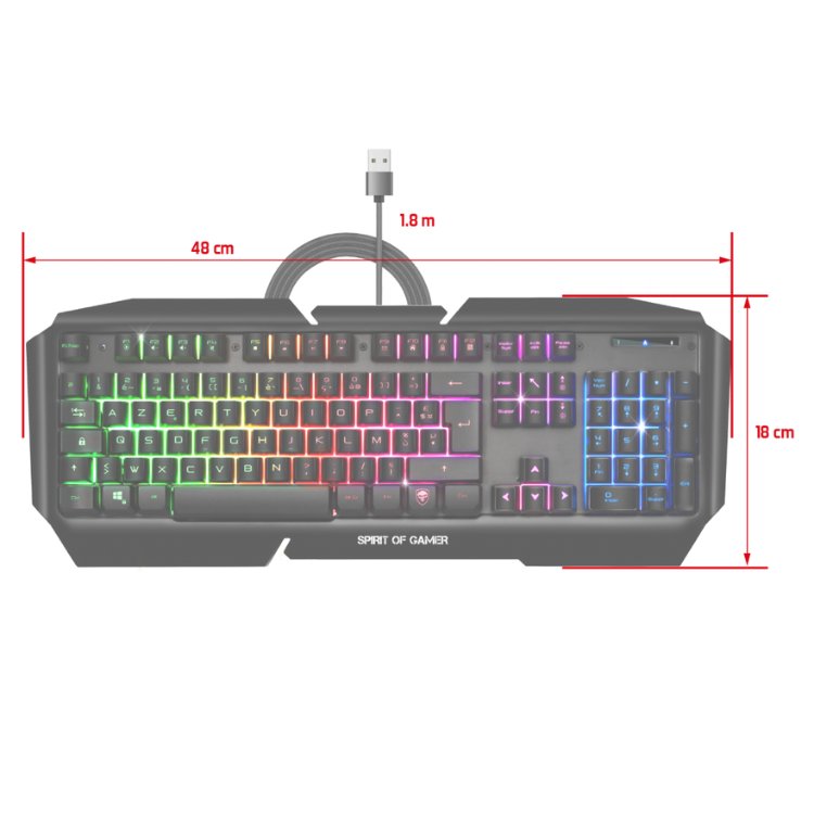 Spirit of Gamer semi-mechanical keyboard, black, multicolor backlight, 48cm wide, 18cm high.