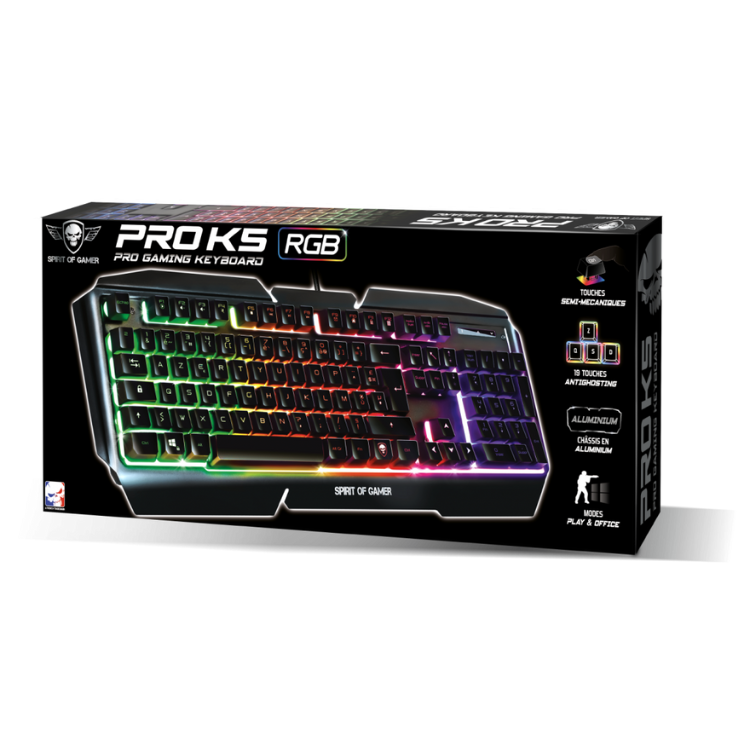 Spirit of Gamer Pro-K5 RGB semi-mechanical gaming keyboard box with colorful keyboard image