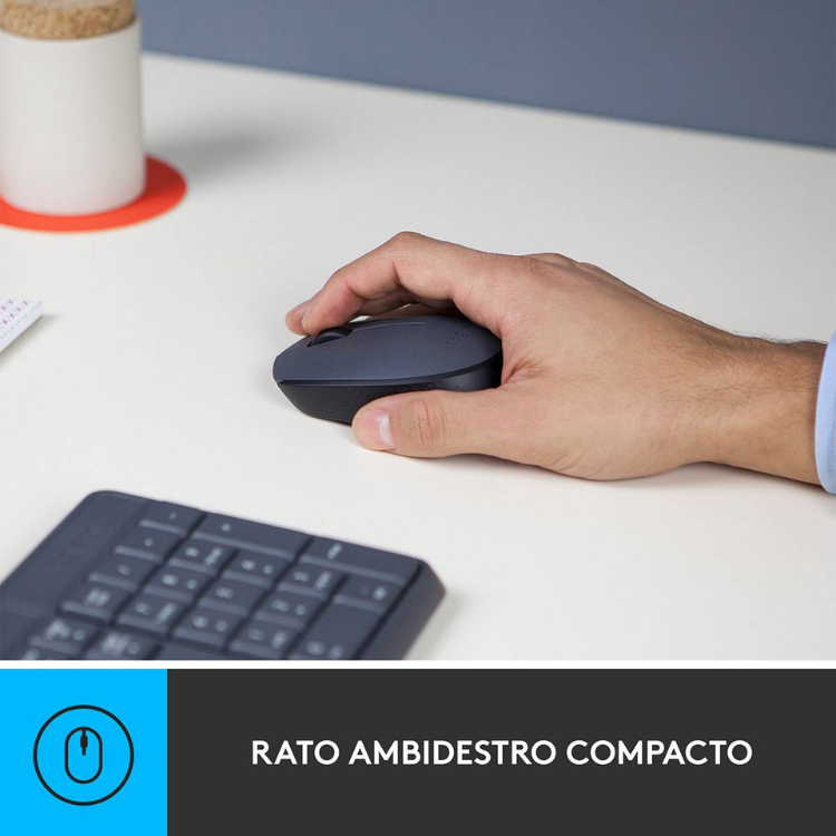 Logitech MK235 wireless mouse and keyboard set, black, hand holding mouse.