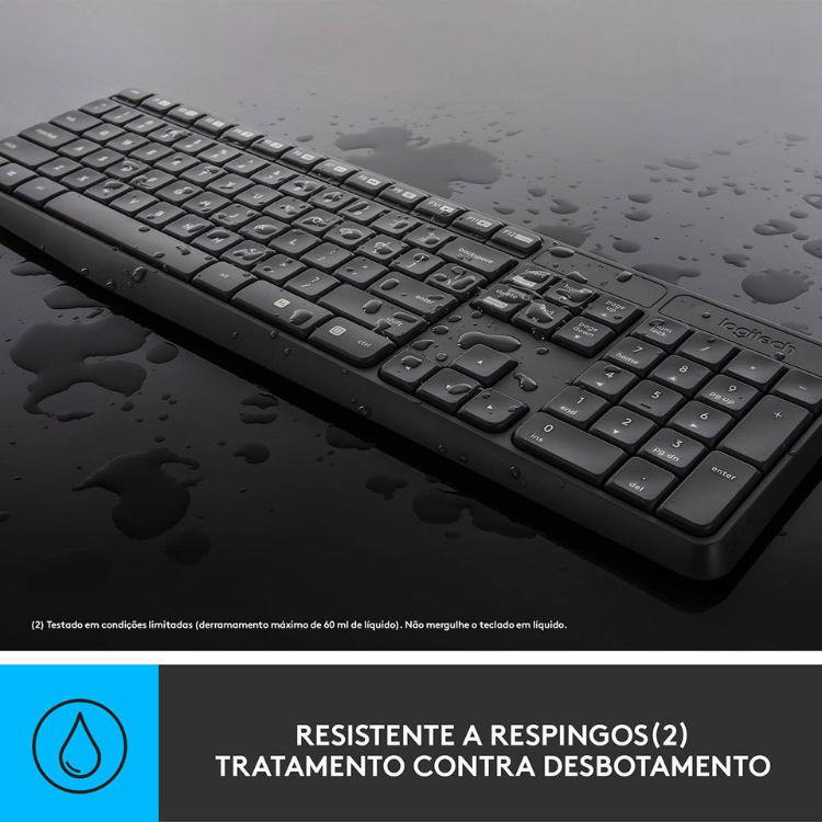 Black Logitech keyboard with water droplets on a reflective surface.