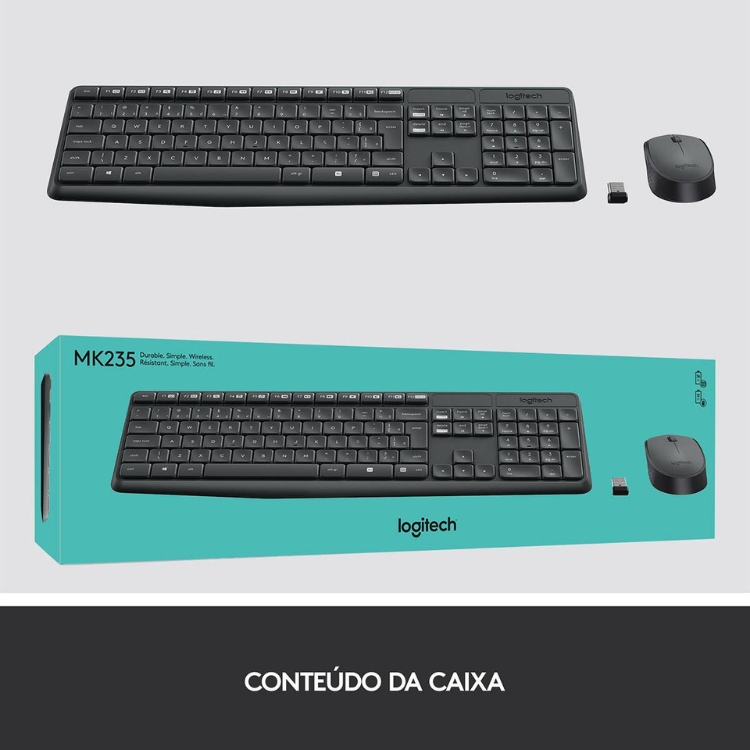 Logitech MK235 wireless keyboard and mouse set, black, with packaging.