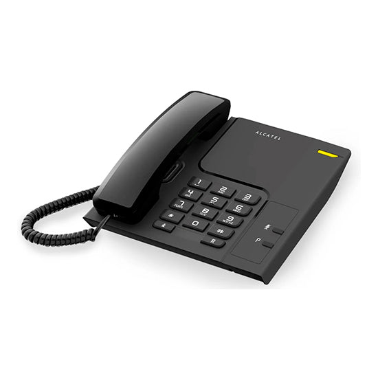 Telefone Fixo Alcatel T26 preto, com teclado e auricular.