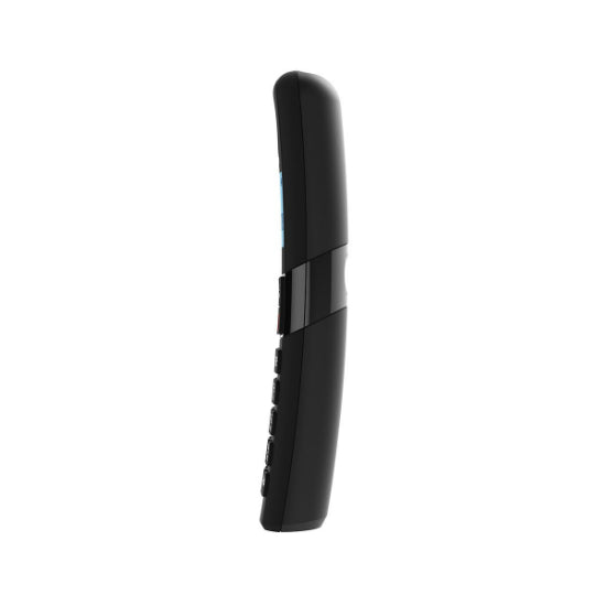 Telefone Fixo Alcatel F860 Preto, lateral com teclas e ecrã.