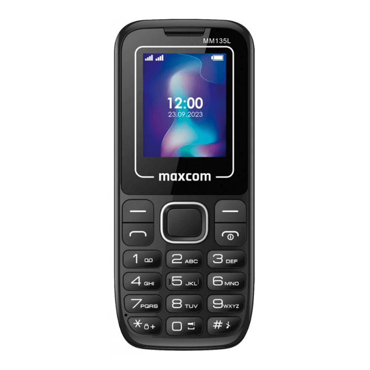 Telemóvel Maxcom MM135 preto com ecrã colorido e teclado numérico.