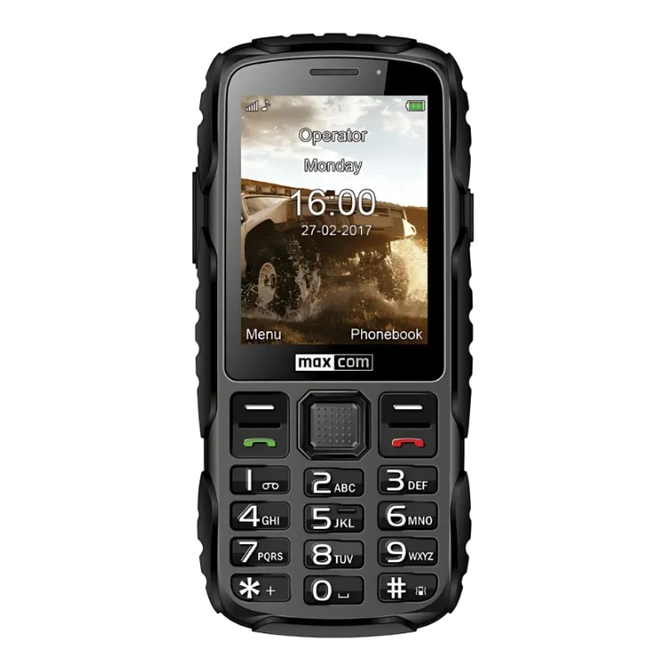 Telemóvel Maxcom MM920L preto com teclado e ecrã a mostrar o ecrã inicial.