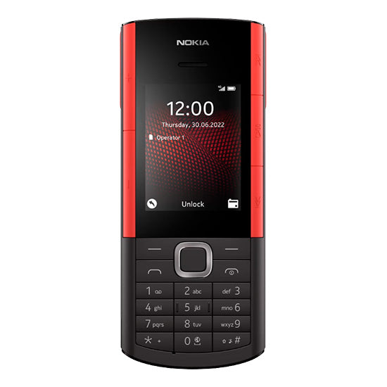 Telemóvel Nokia 5710 XpressAudio preto e vermelho com teclado e ecrã ligado.