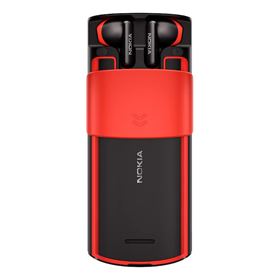 Telemóvel Nokia 5710 XpressAudio preto e vermelho com auriculares integrados.