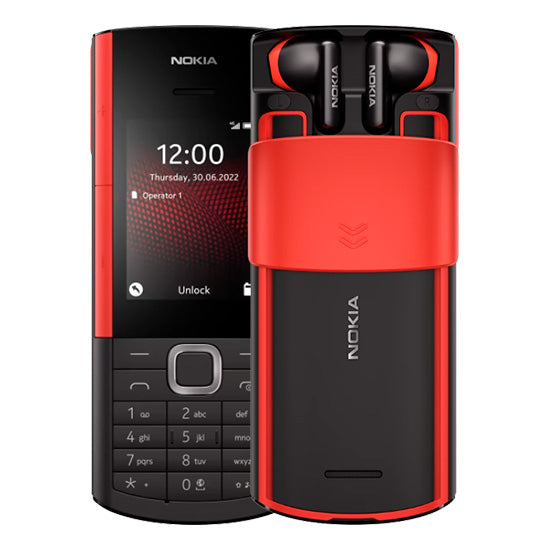 Telemóvel Nokia 5710 XpressAudio preto e vermelho com auriculares integrados.