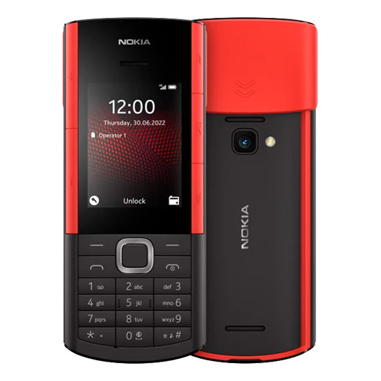 Telemóvel Nokia 5710 XpressAudio preto e vermelho com teclado e ecrã.