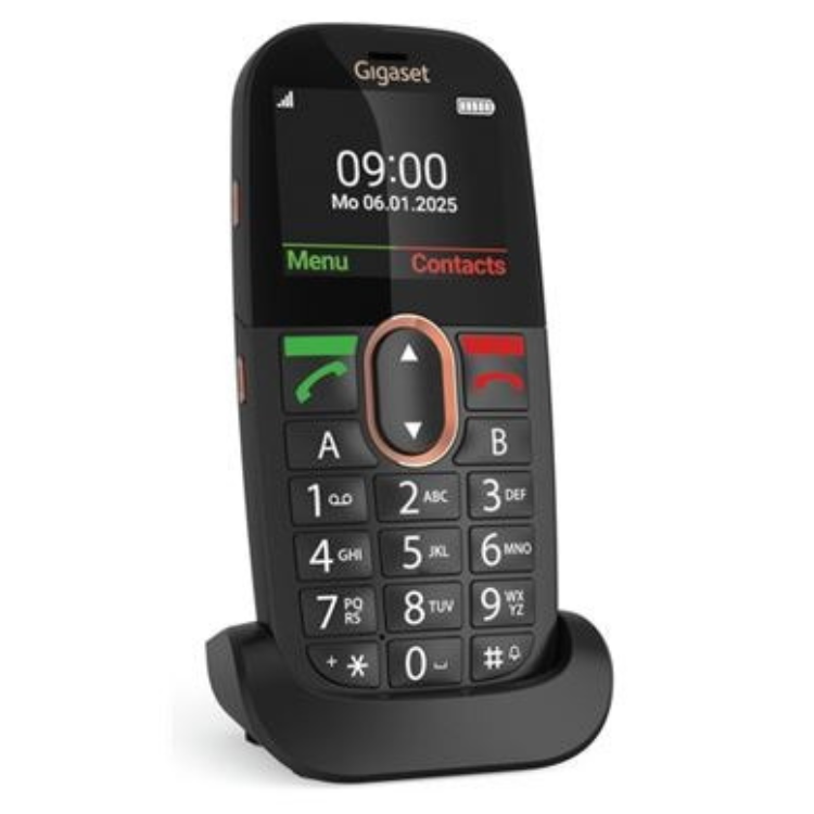Telemóvel Gigaset GL695 preto com teclas grandes e ecrã.