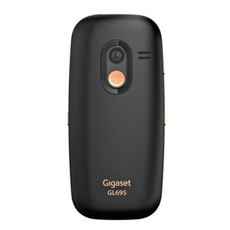 Telemóvel Gigaset GL695 preto com câmara e marca na parte de trás.