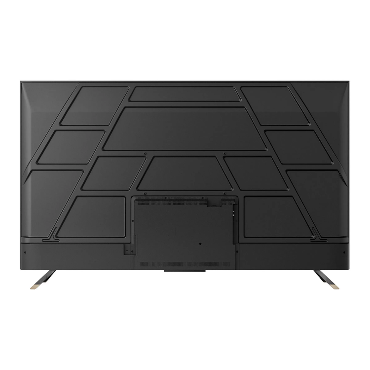Televisão Dreame Q100 Smart TV 4K QLED 75" preto, vista traseira com detalhes em relevo e pés metálicos.
