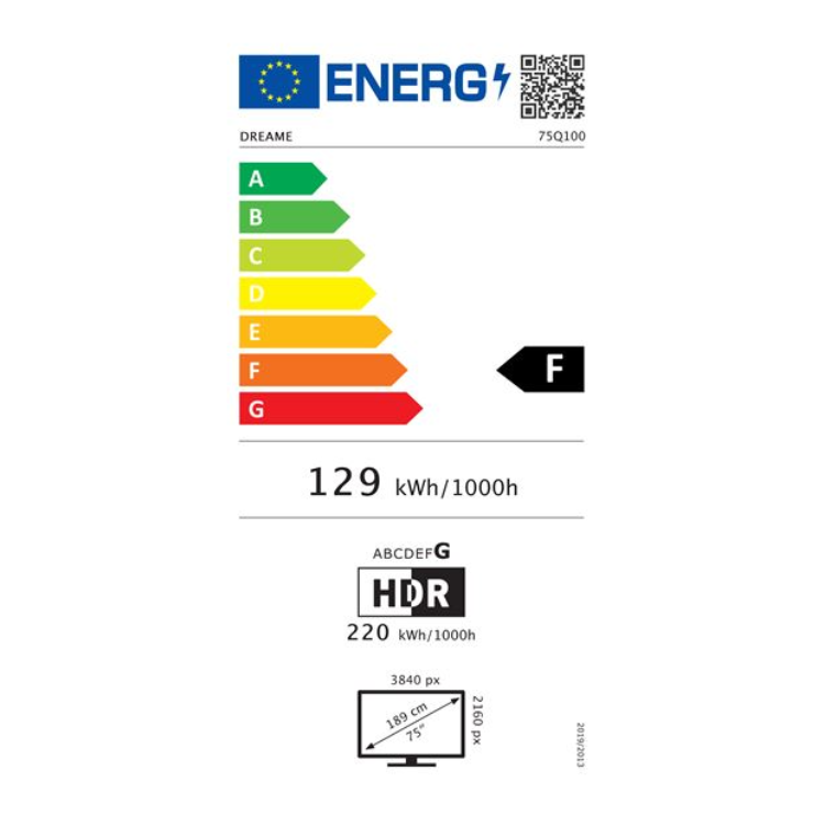 Etiqueta energética da Dreame, 75Q100, eficiência F, 129 kWh/1000h.