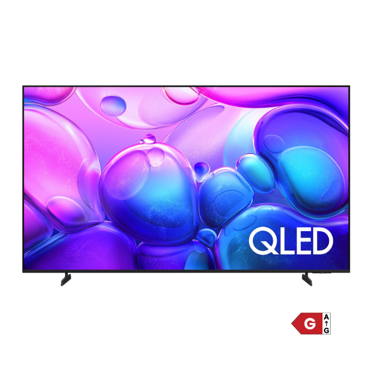 TV Samsung Q6F QLED 55" 4K, ecrã plano com imagem de bolhas coloridas em tons de rosa, azul e violeta, com logótipo QLED no canto inferior direito.