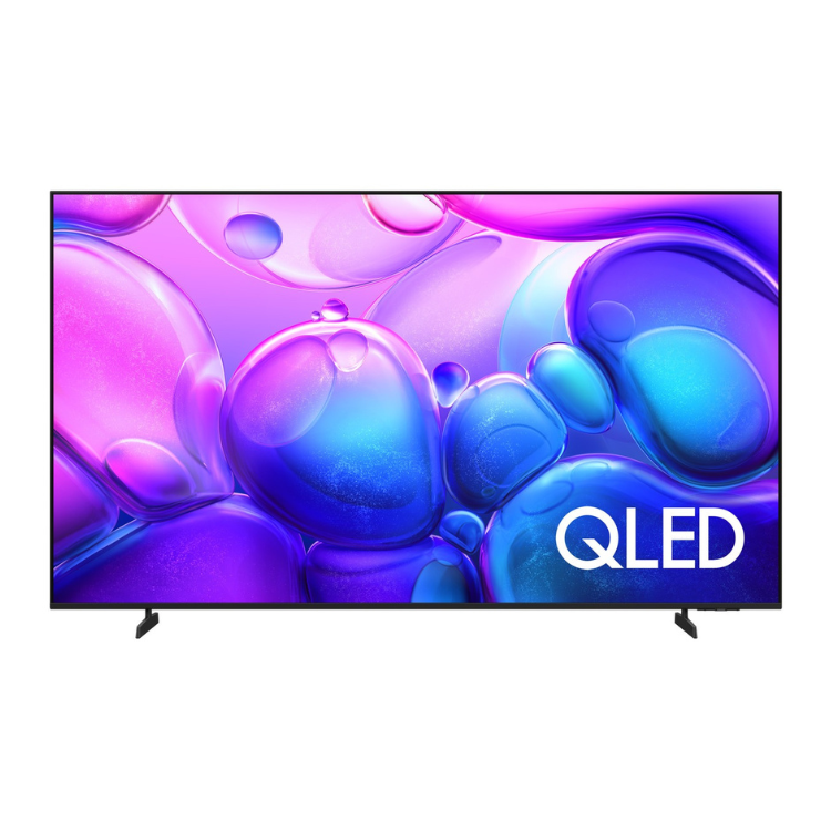 TV Samsung Q6F QLED 55" 4K, ecrã plano com imagem de bolhas coloridas em tons de rosa, azul e violeta.