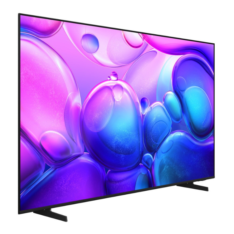 TV Samsung Q6F 2025 QLED 55" 4K com imagem de bolhas coloridas em tons de rosa e azul.