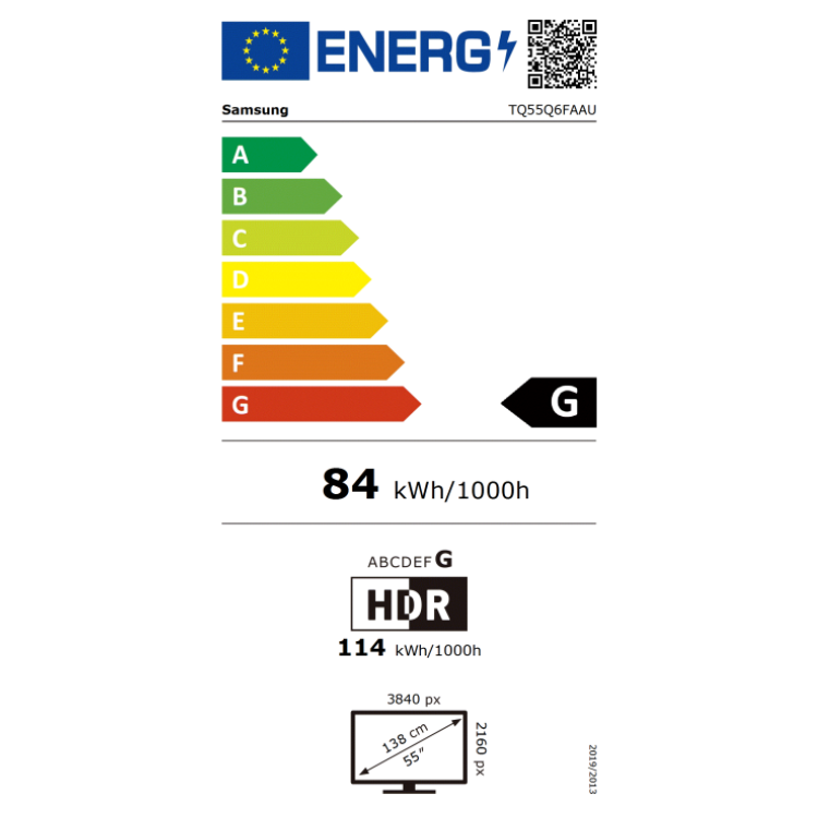 Etiqueta energética da televisão Samsung, eficiência G, 84 kWh/1000h, HDR, 55 polegadas.