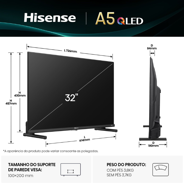 Televisão Hisense A5Q 2025 Smart TV 4K QLED 32" preta com dimensões de 726x430mm.
