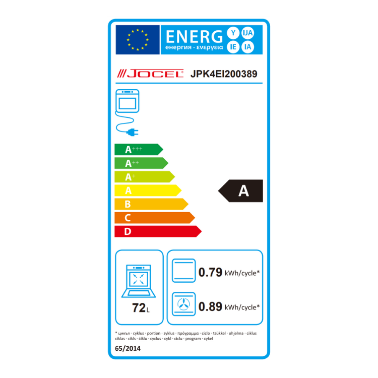 Etiqueta energética de produto, marca Jocel, modelo JPK4EI200389, eficiência A, consumo 0.79 e 0.89 kWh/ciclo.