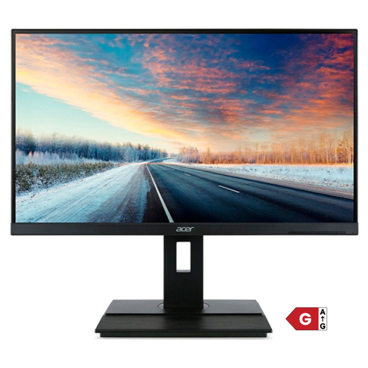 Monitor Acer B6 IPS QHD 27" preto com imagem de estrada em neve e pôr do sol.