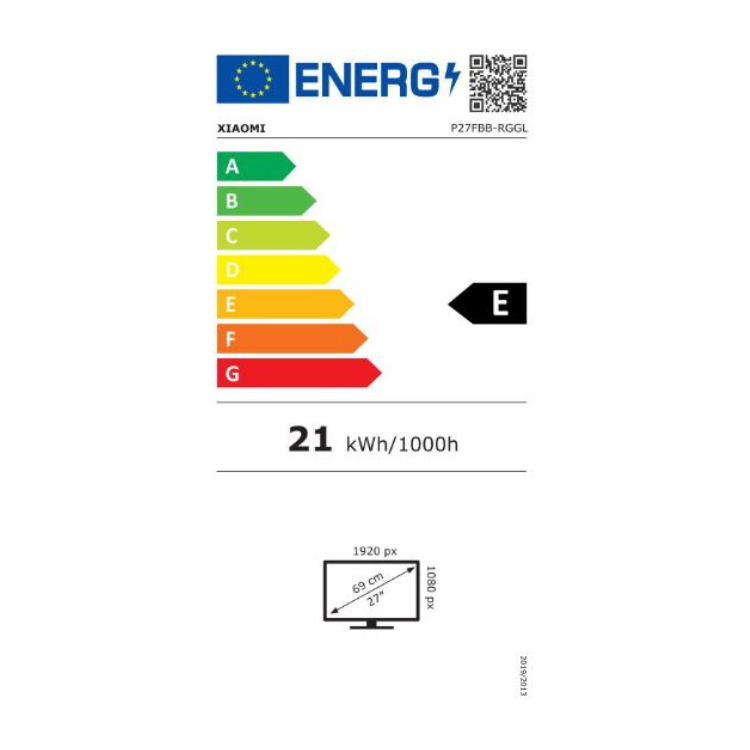 Etiqueta energética do monitor Xiaomi, classificação E, 21 kWh/1000h.