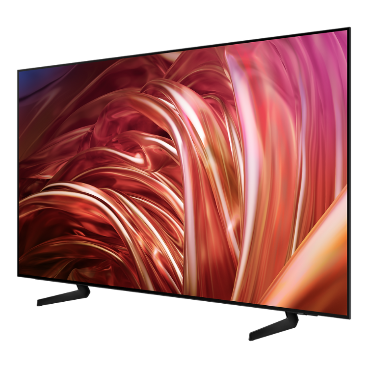 Televisão Samsung S85D Smart TV 4K OLED 55" com imagem de ecrã colorido em tons de laranja e rosa.