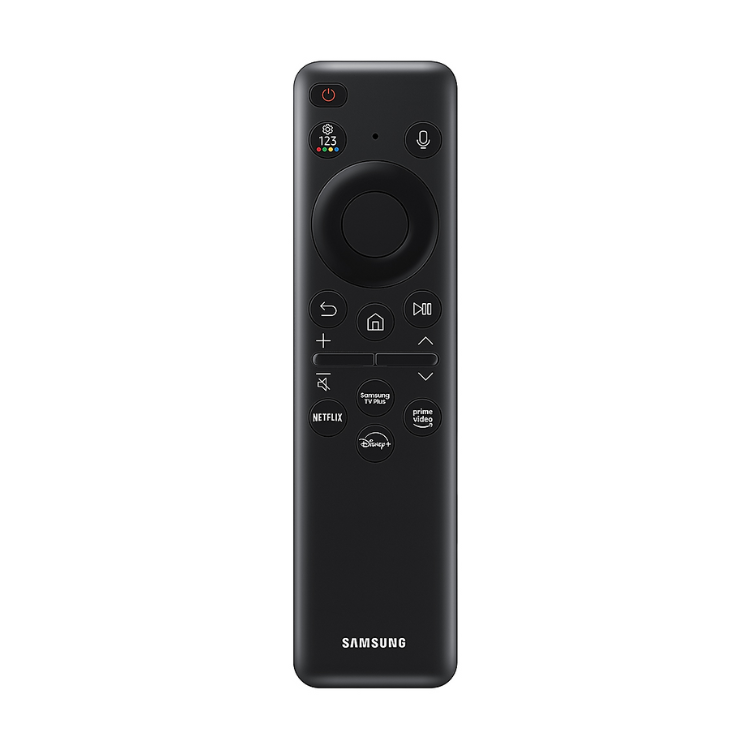 Controlo remoto inteligente Samsung preto com diversos botões e logótipos de serviços de streaming.