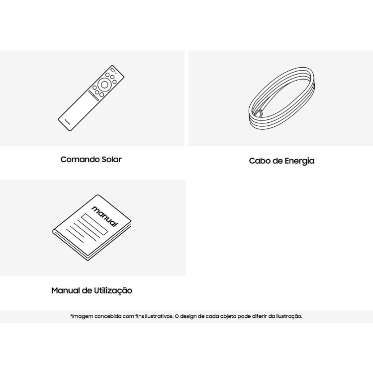 Controlo remoto, cabo de energia e manual de instruções incluídos com a TV Samsung.