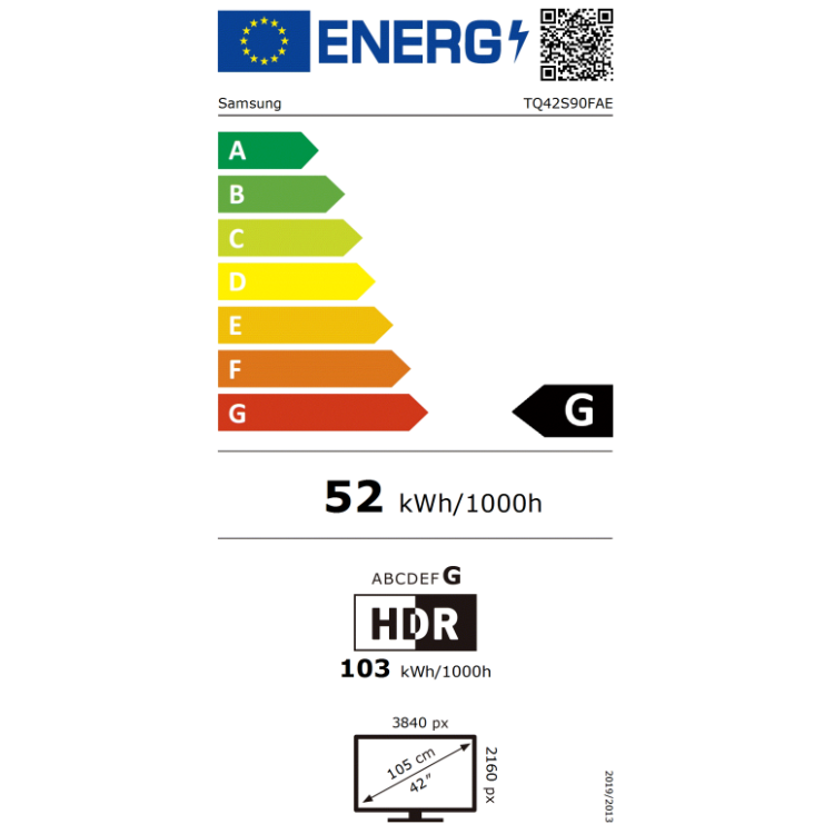 Etiqueta energética da televisão Samsung S90F, 42 polegadas, 4K OLED, eficiência G, 52 kWh/1000h.