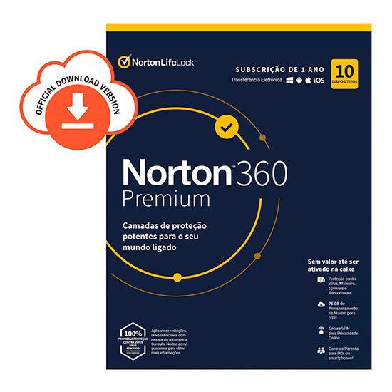 Norton 360 Premium box, dark blue with yellow accents, 10 devices, 1 year subscription.