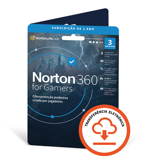 Norton 360 for Gamers software package, dark blue with white and orange text, 1 year subscription, 3 devices.
