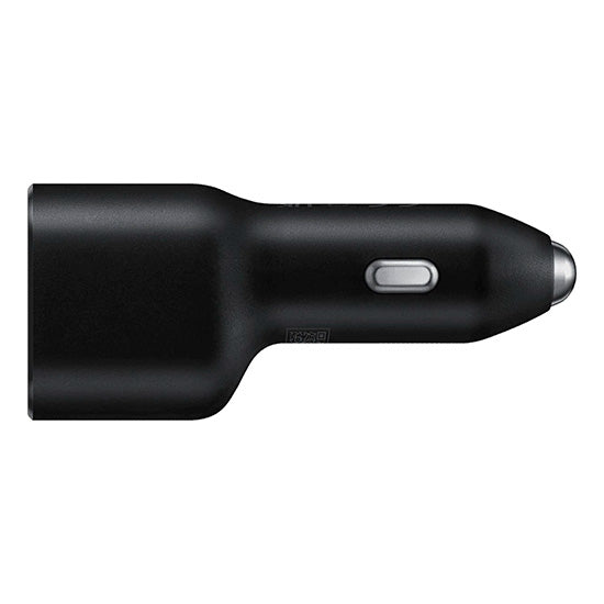 Carregador de carro Samsung preto com 2x USB-C, 40W.