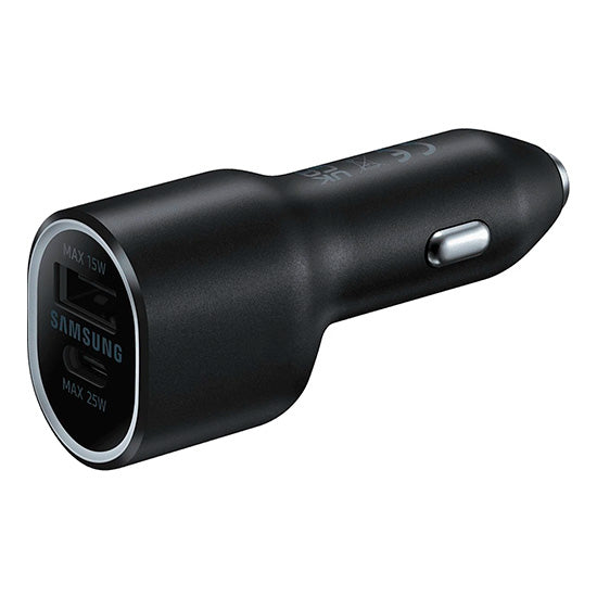 Carregador de carro Samsung preto com 2x USB-C, 40W.