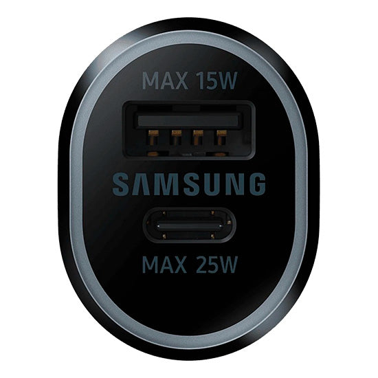 Carregador de carro Samsung preto com 1 USB-C e 1 USB-C, 40W, logotipo e indicadores de potência.