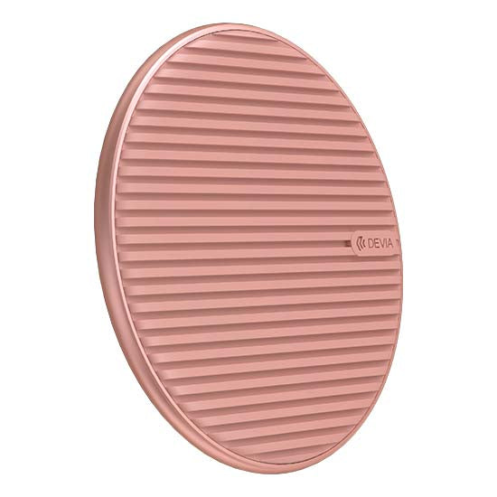 Carregador wireless Devia Ultra-Slim Quick Charger 15W rosa com design de listras horizontais.