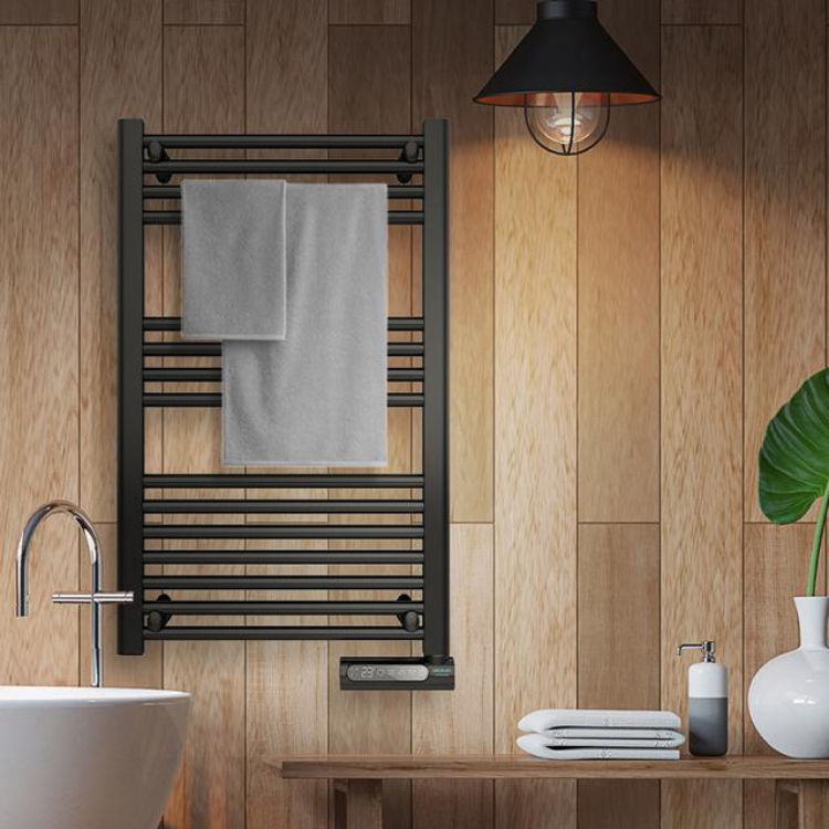 Black Cecotec Ready Warm 9100 Smart Towel electric towel rail with gray towels.
