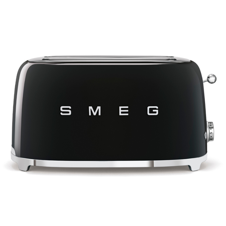 Black Smeg toaster, 4 slices, shiny finish, silver accents.
