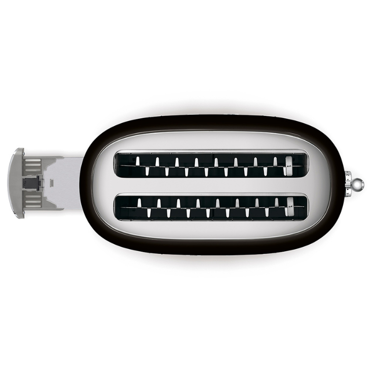 Black Smeg Anni 50 toaster with 4 slots, polished finish.