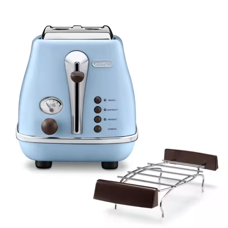 De'Longhi Icona Vintage blue 2-slice toaster with chrome accents and crumb tray.