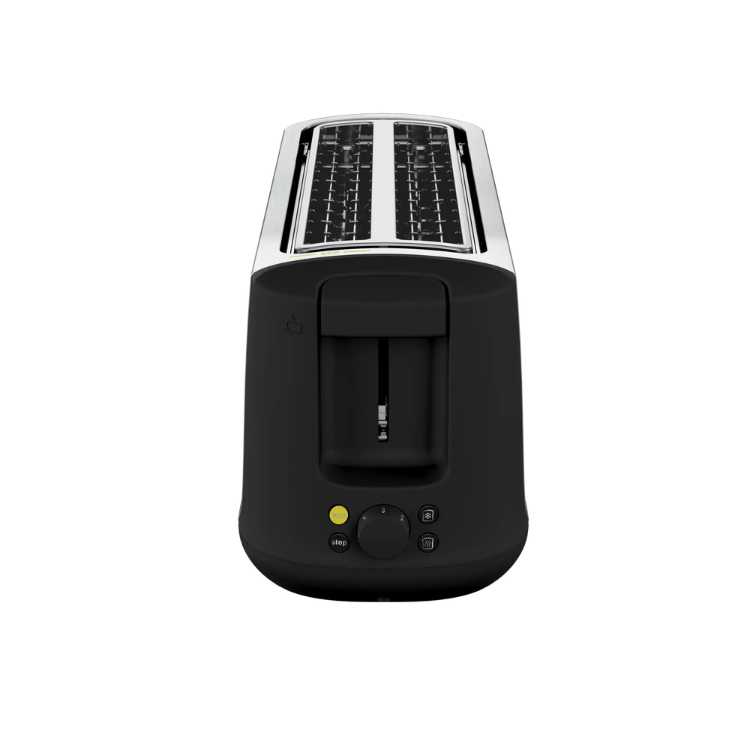 Black Moulinex toaster with 2 slots, silver accents, and control dial.