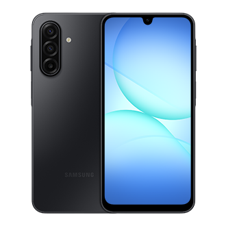 Samsung Galaxy A17 5G smartphone, blue, dual view showing front and back sides.